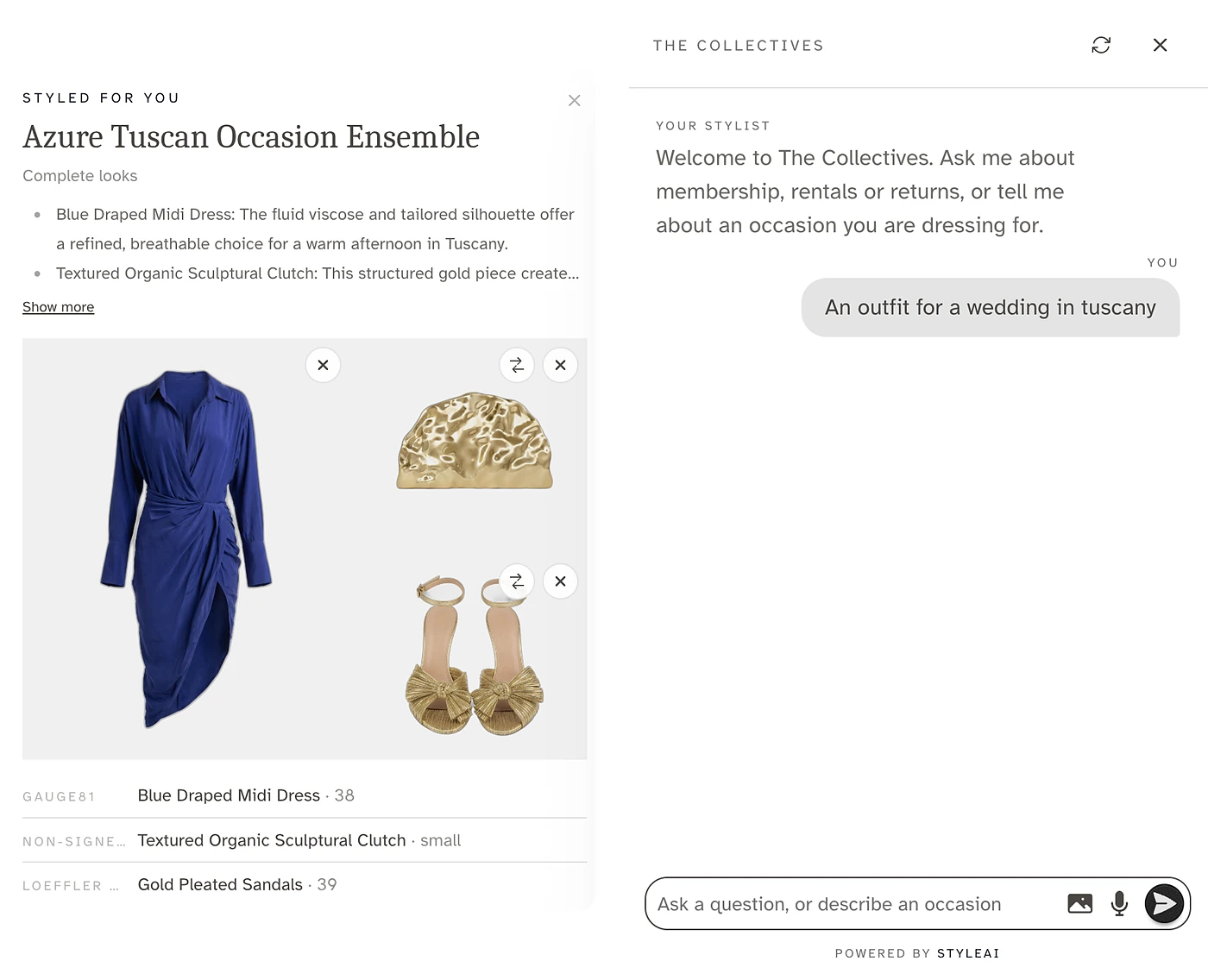 StyleAI Concierge on The Collectives: a shopper asks for an outfit for a wedding in Tuscany and gets a complete look, a blue draped midi dress with a gold clutch and gold pleated sandals