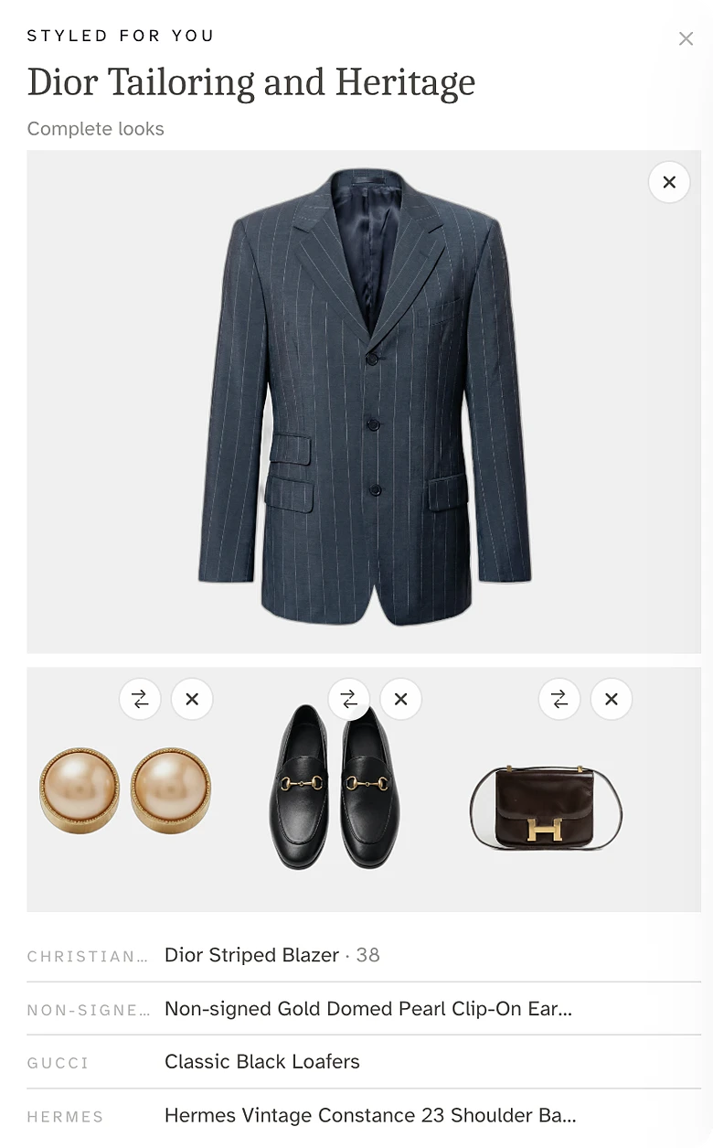 StyleAI Concierge on The Collectives: a shopper asks for an outfit for a business summit and gets a complete look, a Dior pinstripe blazer with pearl clip-on earrings, black loafers and a Hermès Constance bag