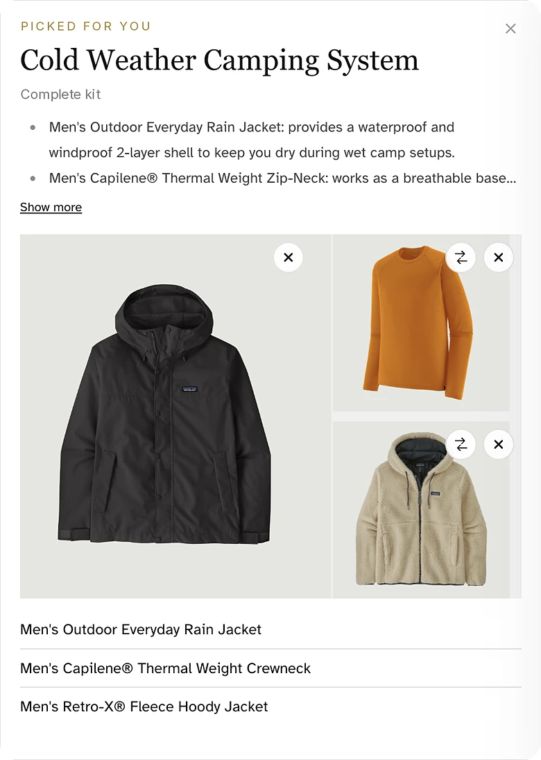 StyleAI Concierge as a gear specialist on an outdoor store: a shopper going camping in cold, wet weather, hiking and moving, gets a complete kit of a waterproof rain jacket, a thermal base layer and a fleece hoody