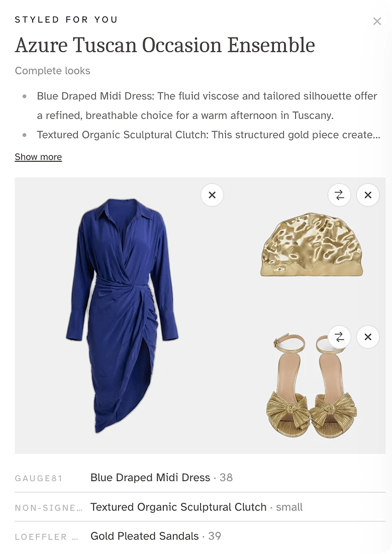 StyleAI Concierge on The Collectives: a shopper asks for an outfit for a wedding in Tuscany and gets a complete look, a blue draped midi dress with a gold clutch and gold pleated sandals, chosen as a breathable option for a warm afternoon