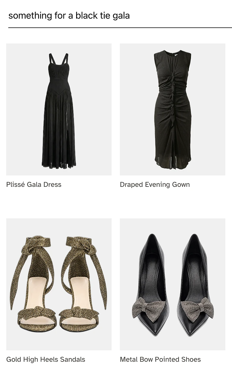 Dynamic Search results for the query something for a black tie gala: a plissé gala dress, a draped evening gown, a tuxedo blazer, a silver sequin blazer, gold sandals, bow pumps, glitter kitten heels and a black bow top