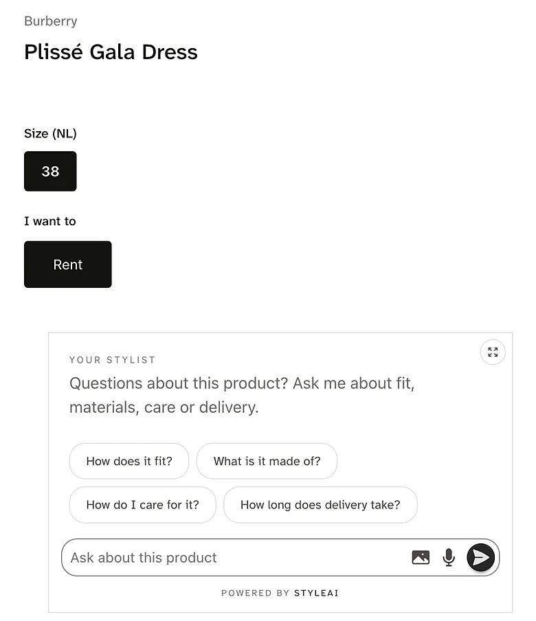 StyleAI PDP on a Collectives product page for the Burberry Plissé Gala Dress: an answer box under the Rent button offering questions about fit, materials, care and delivery